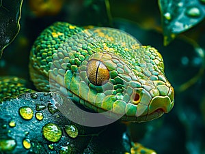 A close up of a green snake on a leaf