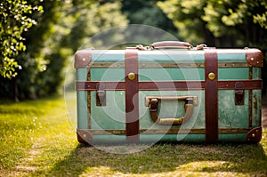 A close up of a green suitcase sitting on the grass.
