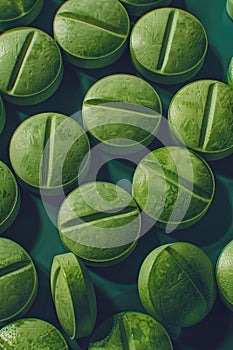 Close-up of green tablets with division line, pharmaceuticals on a teal background.