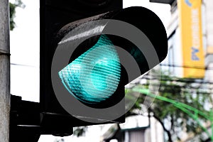 Close up of Green traffic light, The light signal indicates that the car can drive through