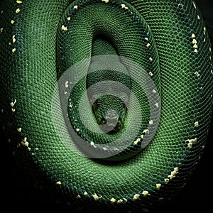 Close-up of a green tree python (Morelia viridis) coiled tightly,