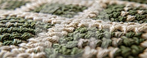 Close-up of green and white crochet pattern with focus on texture