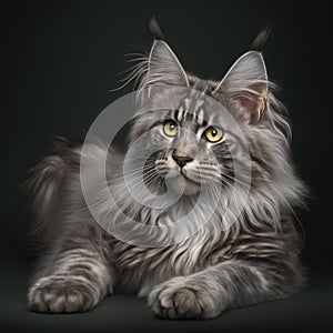 Close up of grey maine coon cat on black background created using generative ai technology