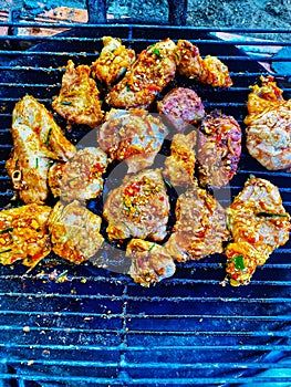 A close up of a grill with chicken on it. grilled chicken and fiery wings.