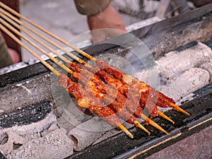 Close up Grill Lamb street food in Fenghuang ancient town.