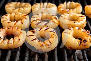 close-up of grill lines on lightly browned calamari rings
