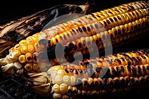 close-up of grill marks and charred kernels on grilled corn cob