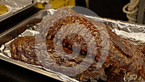 Close up of grilled and barbecue ribs pork. Street food