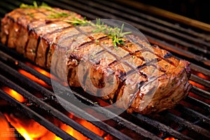 close up grilled seitan steak on the grill top