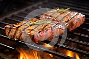 close up grilled seitan steak on the grill top