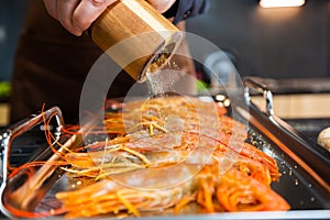 Close-up. Grilled tiger prawns. Salted before grilling.