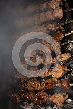 Close-up of grilling tasty dish on barbecue. Process of cooking yummy shashlik in nature. Delicious food