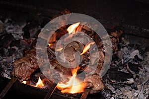 Close-up of grilling tasty dish on barbecue. Process of cooking yummy shashlik in nature. Delicious food