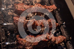 Close-up of grilling tasty dish on barbecue. Process of cooking yummy shashlik in nature. Delicious food