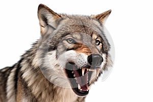 Close-up of the grin of an evil wolf on a white background