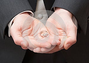 Close Up Of Groom Holding Wedding Rings