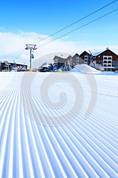 Groomed snow at Bansko ski slope, Bulgaria