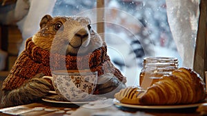 A close-up of a grouchy groundhog wrapped in a knitted digital photo