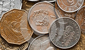 Close-up of a group of assorted coins.