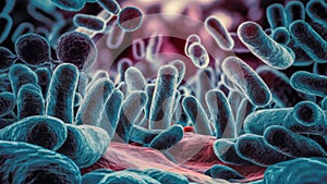 A close up of a group of bacteria and viruses, AI
