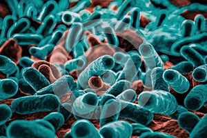 A close up of a group of bacteria and viruses, AI