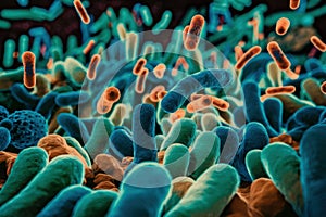 A close up of a group of bacteria and viruses, AI