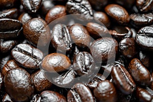 Close up of group black coffee beans. Strong black espresso, Grains of coffee background, texture