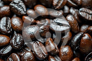 Close up of group black coffee beans. Strong black espresso, Grains of coffee background, texture