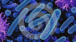 A close up of a group of blue and purple bacteria, AI