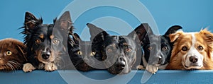The close up of the group of cat and dog in front of a blue background. AIGX03.
