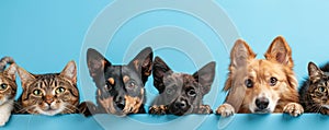 The close up of the group of cat and dog in front of a blue background. AIGX03.