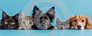 The close up of the group of cat and dog in front of a blue background. AIGX03.