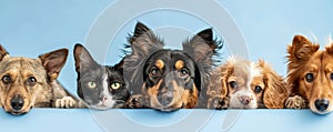 The close up of the group of cat and dog in front of a blue background. AIGX03.