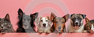 The close up of the group of cat and dog in front of a pink background. AIGX03.