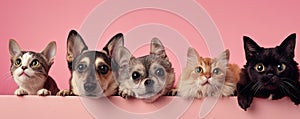 The close up of the group of cat and dog in front of a pink background. AIGX03.
