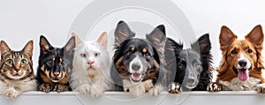 The close up of the group of cat and dog in front of a white background. AIGX03.