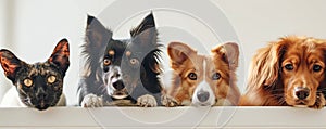 The close up of the group of cat and dog in front of a white background. AIGX03.