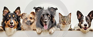 The close up of the group of cat and dog in front of a white background. AIGX03.