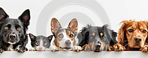 The close up of the group of cat and dog in front of a white background. AIGX03.