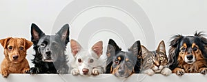 The close up of the group of cat and dog in front of a white background. AIGX03.