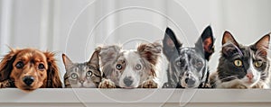 The close up of the group of cat and dog in front of a white background. AIGX03.