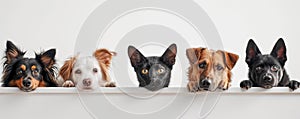 The close up of the group of cat and dog in front of a white background. AIGX03.