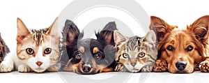 The close up of the group of cat and dog in front of a white background. AIGX03.