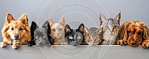 The close up of the group of cat and dog in front of a white background. AIGX03.