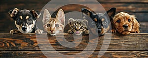 The close up of the group of cat and dog in front of a wood background. AIGX03.