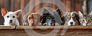 The close up of the group of cat and dog in front of a wood background. AIGX03.