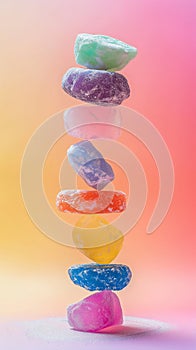 close up of a group of chakra balancing stones isolated on a vertical background