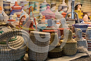 Close Up of Group of Demijohn Wrapped with Colored Cotton