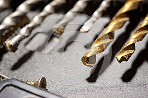 Close-up of a group of drill bits for drilling holes