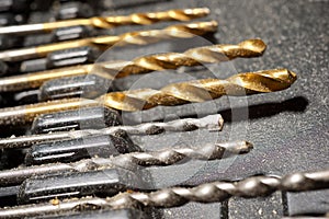 Close-up of a group of drill bits for drilling holes